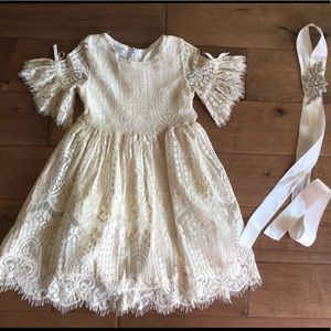 Lace flower girl dress with jeweled sash